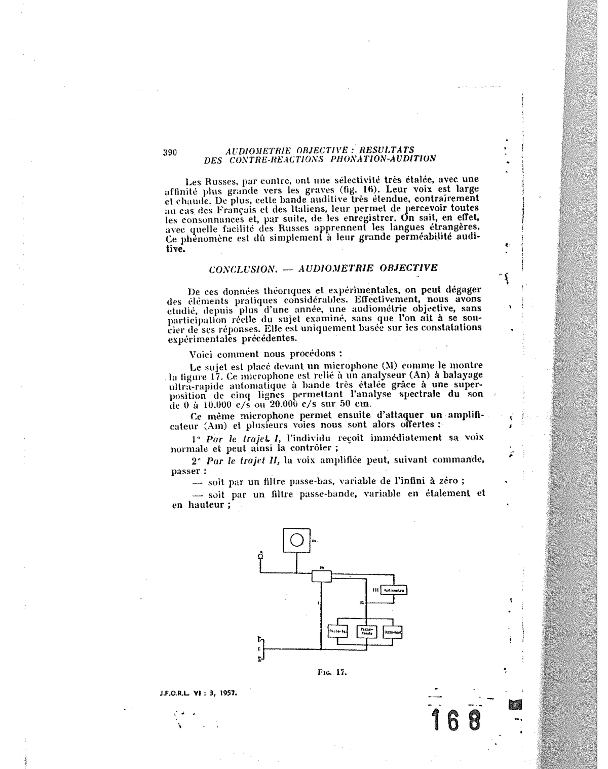 Fig. 17 — Schéma de l’appareillage d’audiométrie objective : microphone (M) → an